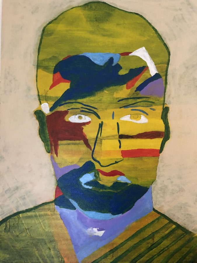 Bruised and Battered — acrylic portrait in yellow, blue, and red