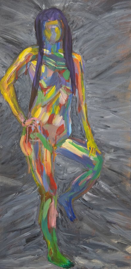Eye of the Storm — acrylic figure painted in spectral color against grey