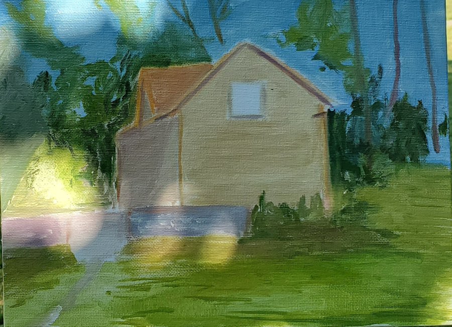 Grand River Cabins — plein-air oil painting of a brick house among trees