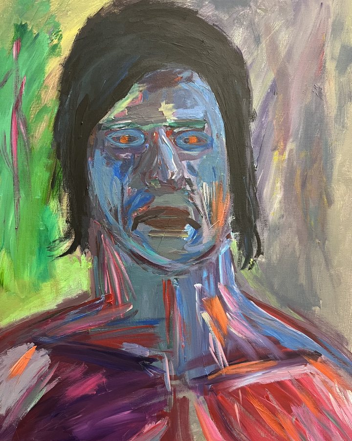 Seen Enough — expressionist portrait, blue face against green and violet