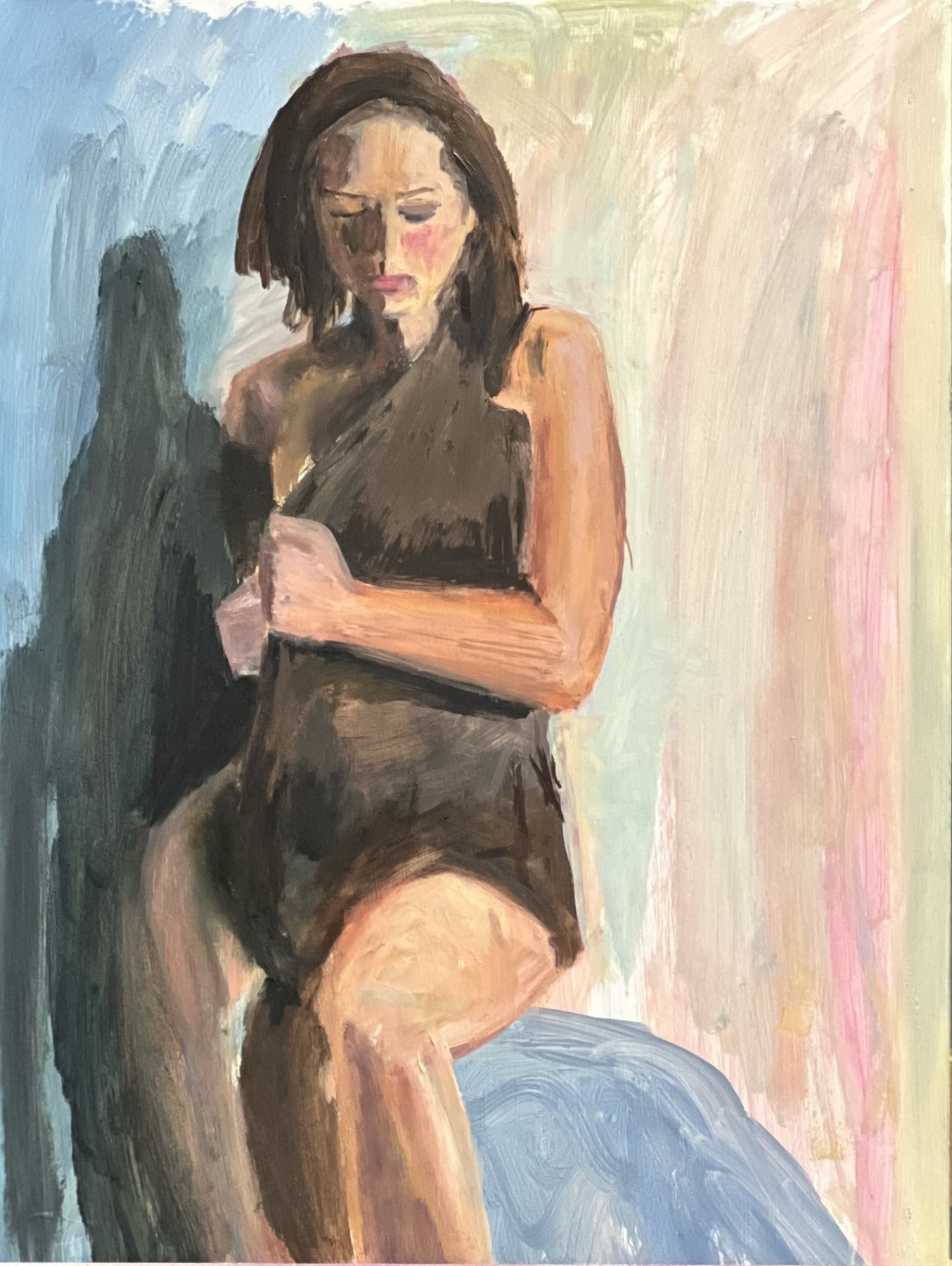 Keeping Your Head Up — oil painting of a seated woman in soft pastel light