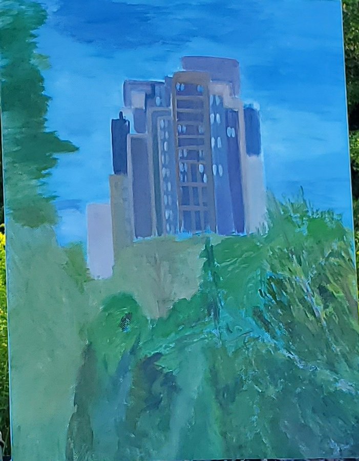 Waterloo Park — plein-air oil painting of towers over treetops