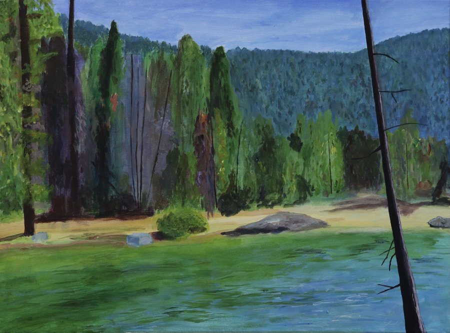 Happy Place — acrylic landscape of a forest lake