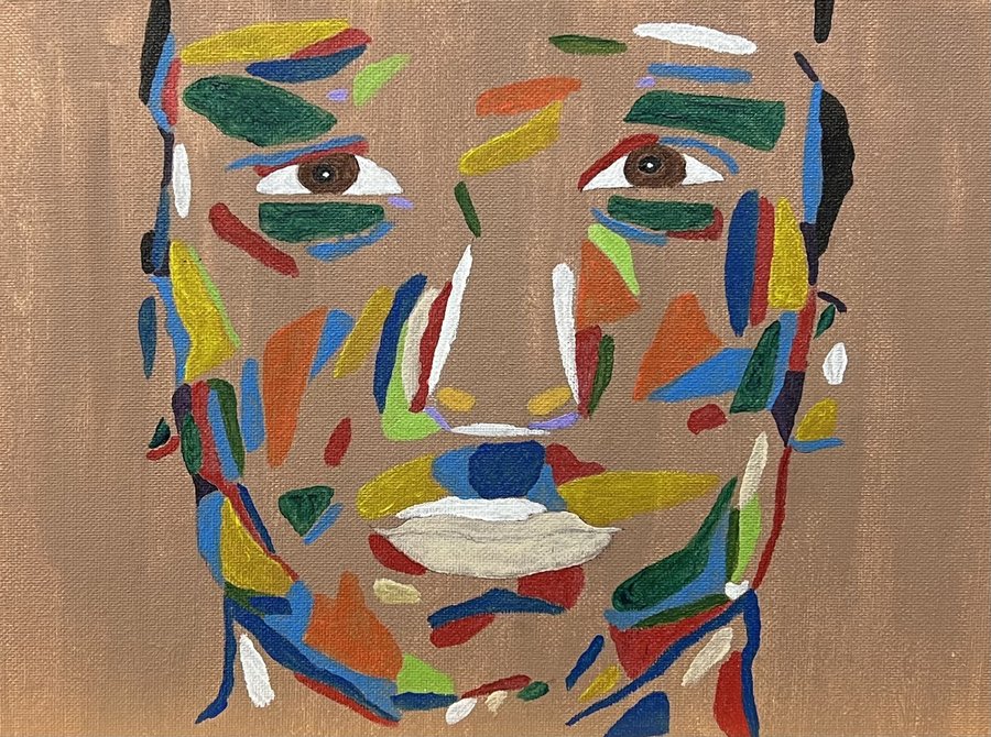 Just Getting Started — acrylic portrait in colored strokes on copper ground