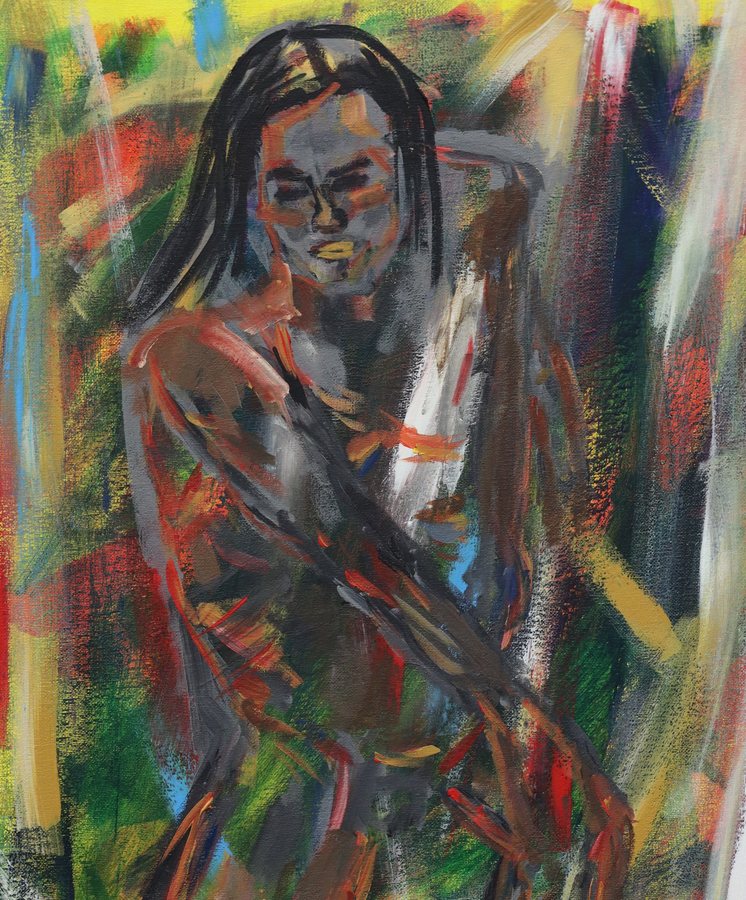 Give Me a Minute — gestural nude in red, green, and ochre